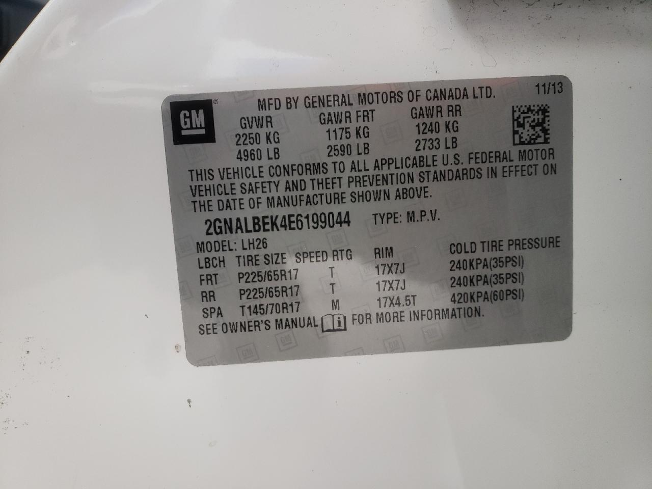 Photo 10 from auction – 2014 CHEVROLET EQUINOX LT with VIN 2GNALBEK4E6199044