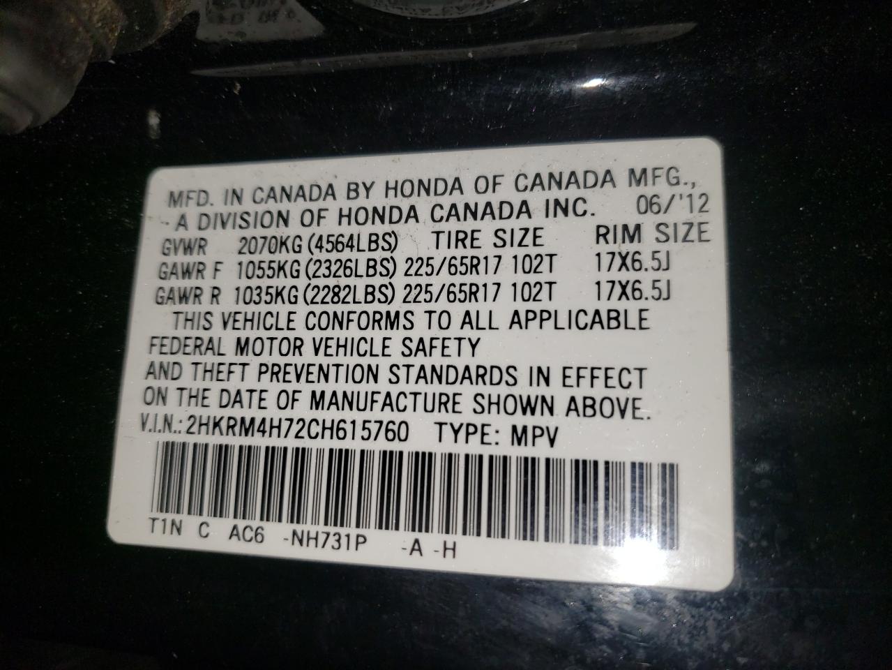 Photo 10 from auction – 2012 HONDA CR-V EXL with VIN 2HKRM4H72CH615760