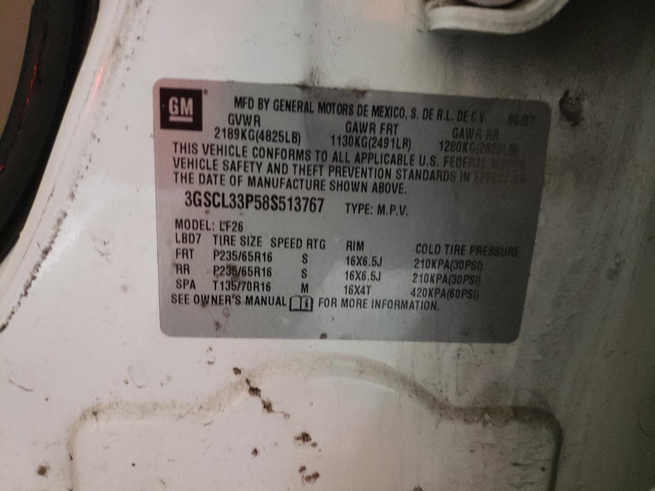 Photo 10 from auction – 2008 SATURN VUE XE with VIN 3GSCL33P58S513767
