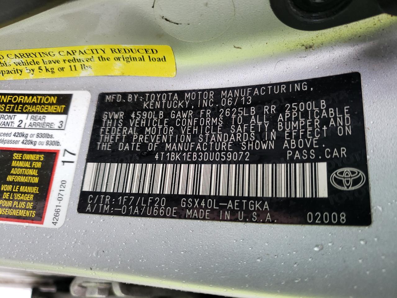 Photo 10 from auction – 2013 TOYOTA AVALON BAS with VIN 4T1BK1EB3DU059072