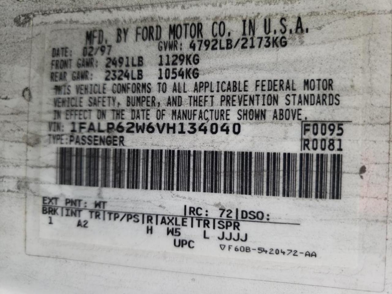 Photo 10 from auction – 1997 FORD THUNDERBIR with VIN 1FALP62W6VH134040