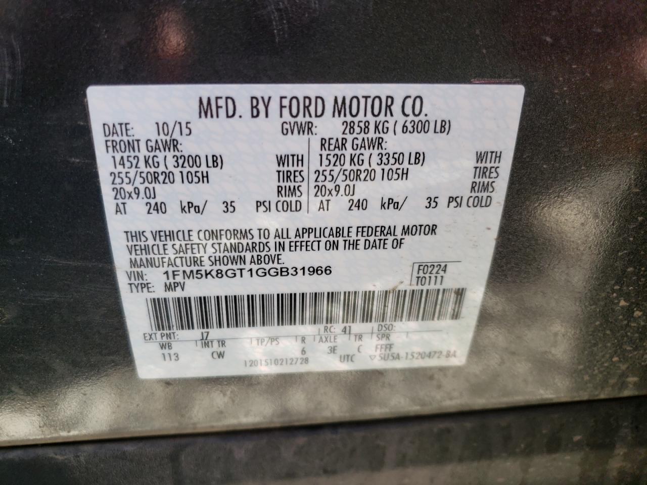 Photo 10 from auction – 2016 FORD EXPLORER S with VIN 1FM5K8GT1GGB31966