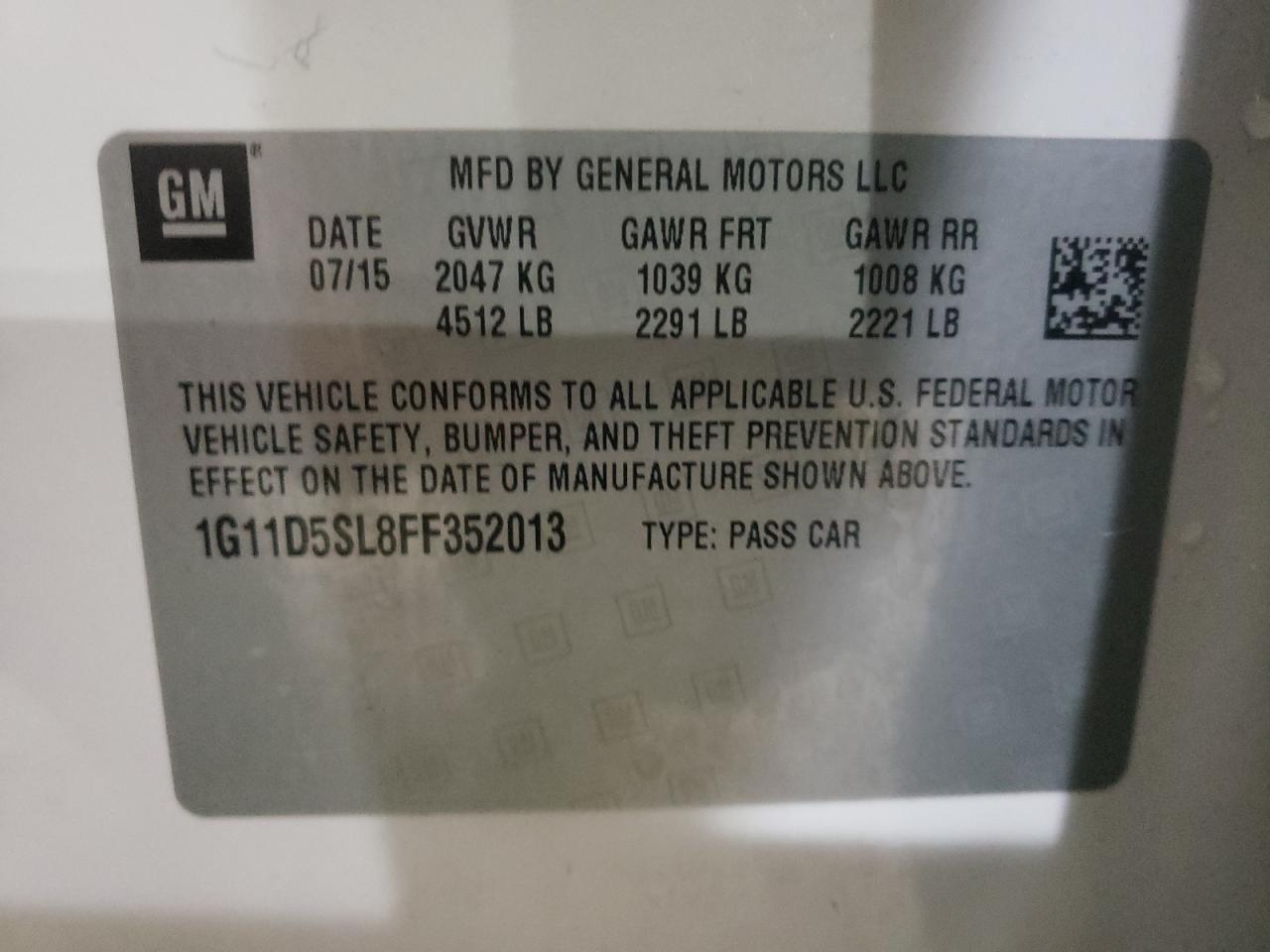 Photo 10 from auction – 2015 CHEVROLET MALIBU 2LT with VIN 1G11D5SL8FF352013