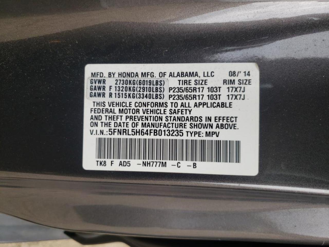 Photo 10 from auction – 2015 HONDA ODYSSEY EX with VIN 5FNRL5H64FB013235