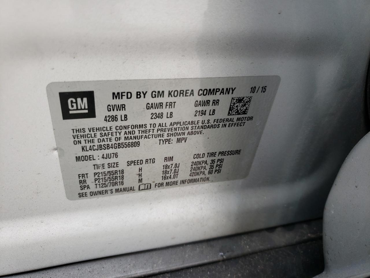 Photo 10 from auction – 2016 BUICK ENCORE CON with VIN KL4CJBSB4GB556809