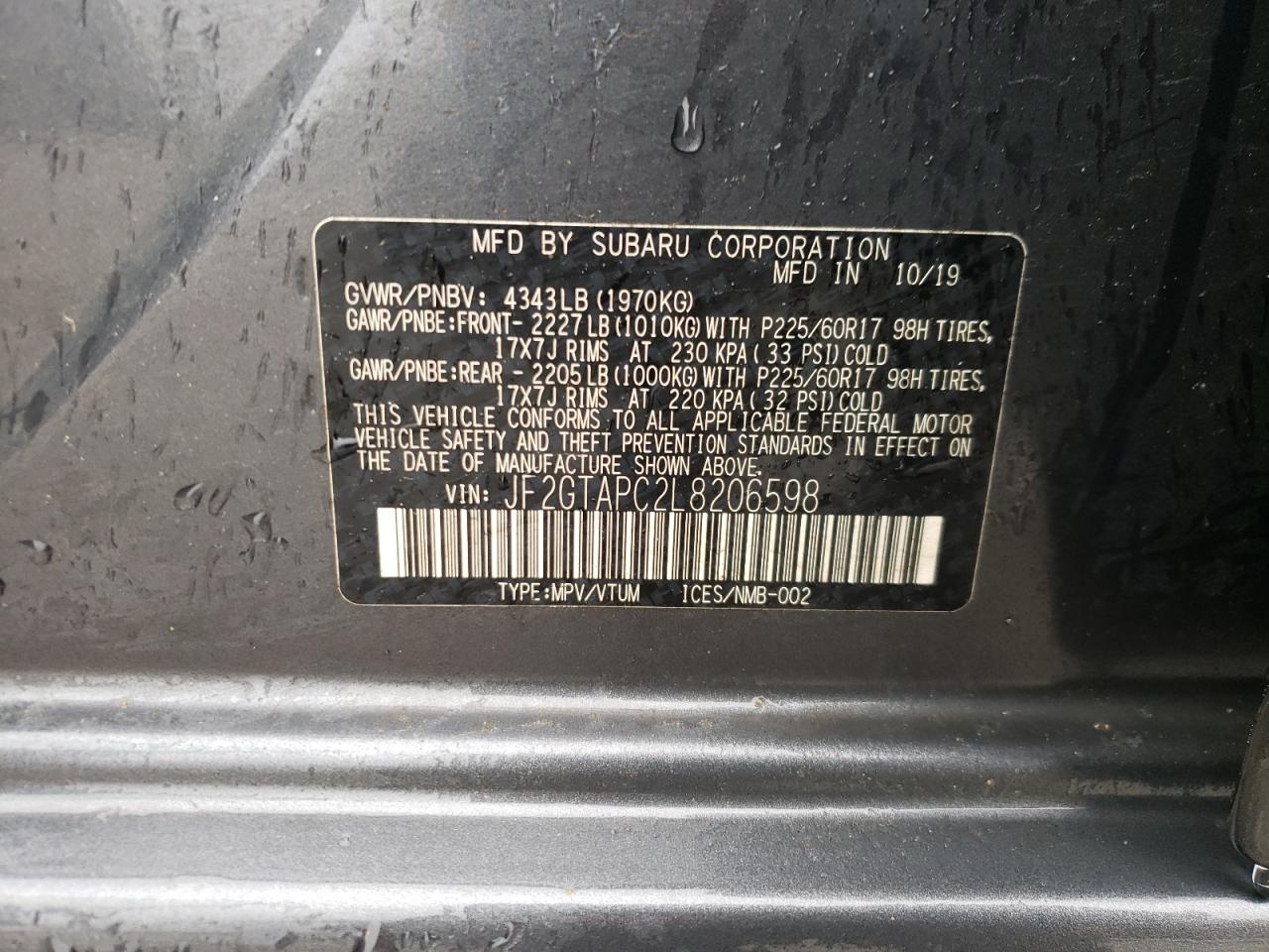 Photo 10 from auction – 2020 SUBARU CROSSTREK with VIN JF2GTAPC2L8206598