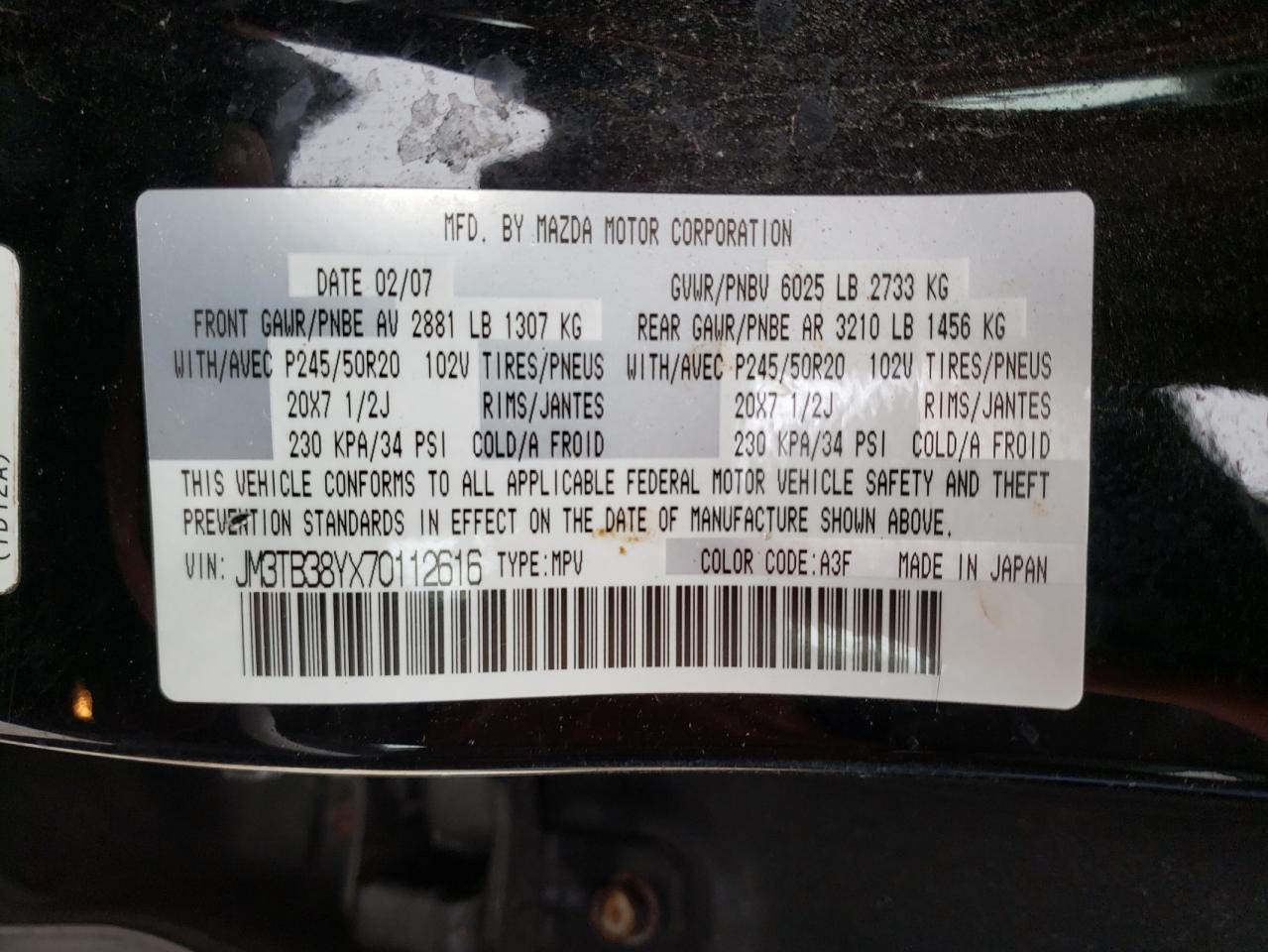 Photo 10 from auction – 2007 MAZDA CX-9 with VIN JM3TB38YX70112616