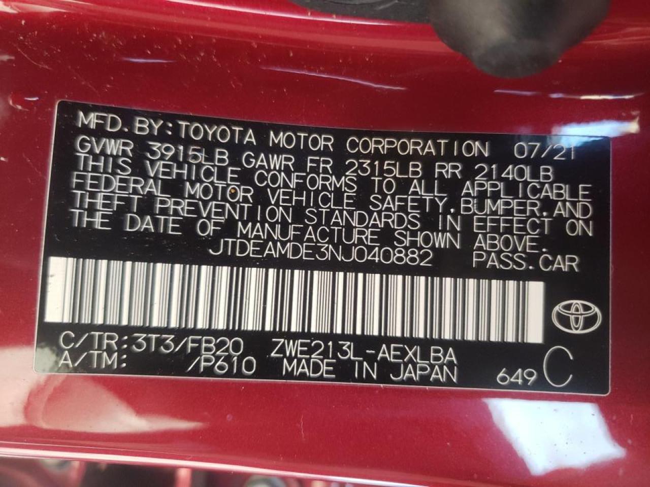 Photo 10 from auction – 2022 TOYOTA COROLLA LE with VIN JTDEAMDE3NJ040882