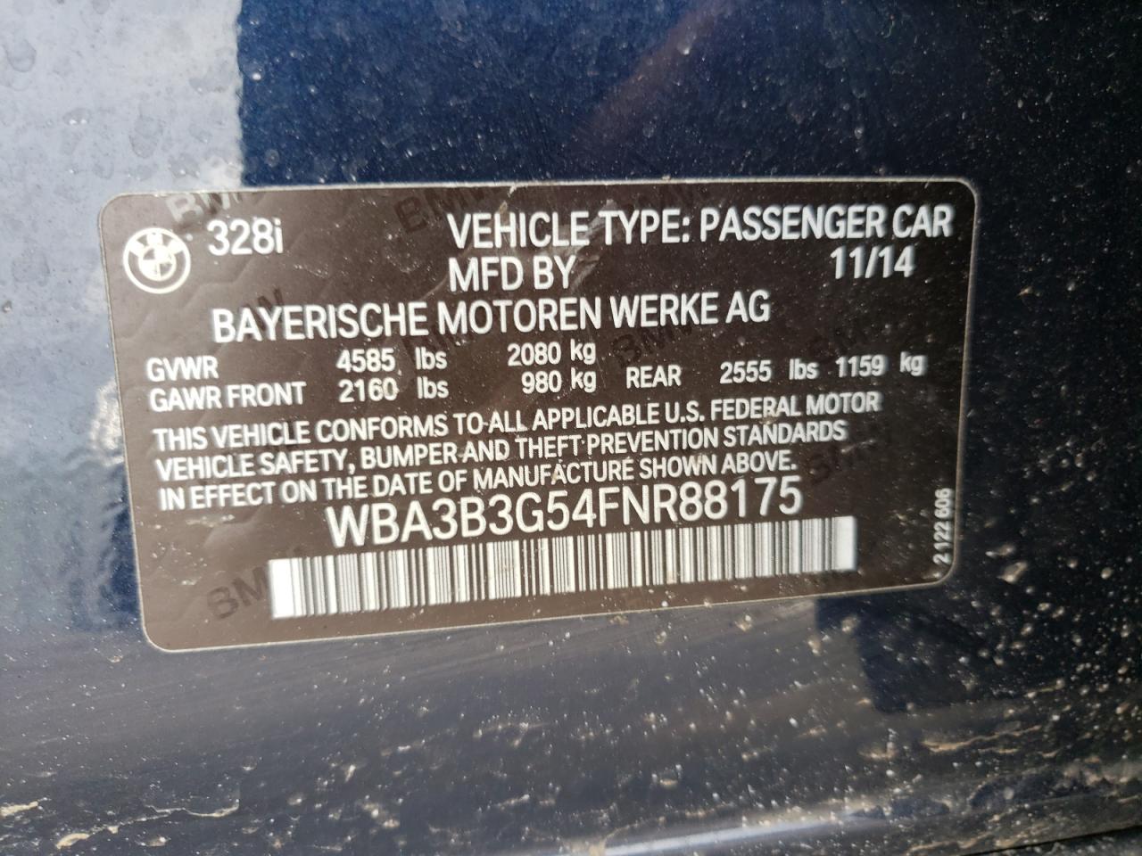 Photo 10 from auction – 2015 BMW 328 XI with VIN WBA3B3G54FNR88175
