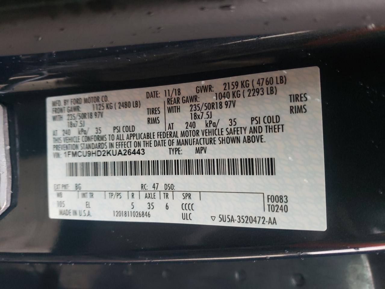Photo 10 from auction – 2019 FORD ESCAPE SEL with VIN 1FMCU9HD2KUA26443