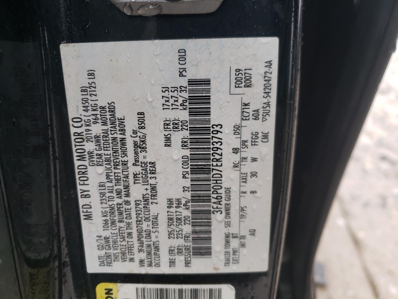 Photo 10 from auction – 2014 FORD FUSION SE with VIN 3FA6P0HD7ER293793