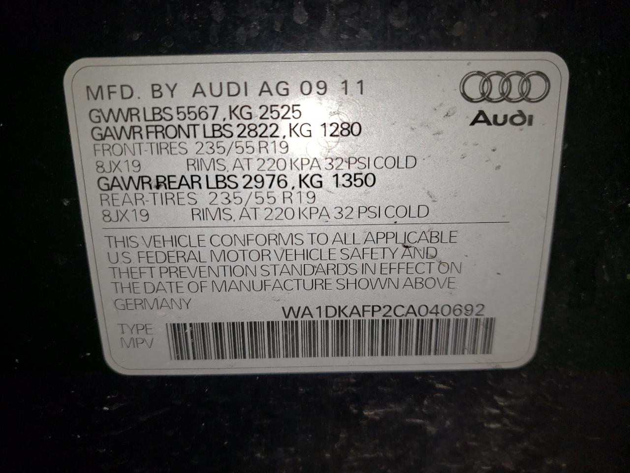 Photo 10 from auction – 2012 AUDI Q5 PREMIUM with VIN WA1DKAFP2CA040692