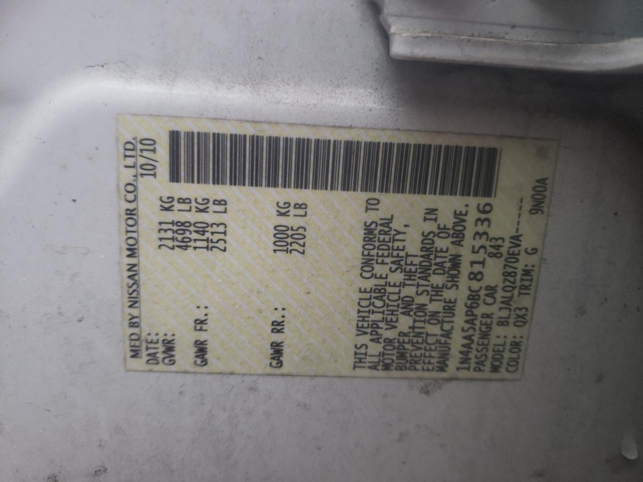 Photo 10 from auction – 2011 NISSAN MAXIMA S with VIN 1N4AA5AP6BC815336