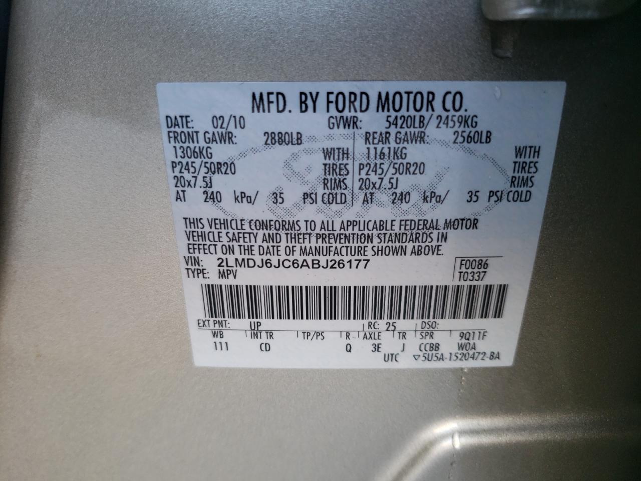 Photo 10 from auction – 2010 LINCOLN MKX with VIN 2LMDJ6JC6ABJ26177