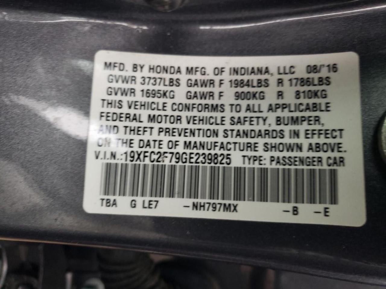 Photo 10 from auction – 2016 HONDA CIVIC EX with VIN 19XFC2F79GE239825