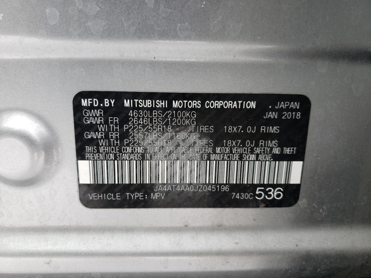 Photo 10 from auction – 2018 MITSUBISHI ECLIPSE CR with VIN JA4AT4AA0JZ045196
