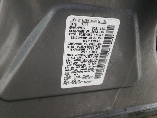 Photo 10 from auction – 2007 NISSAN MURANO SL with VIN JN8AZ08W07W659274