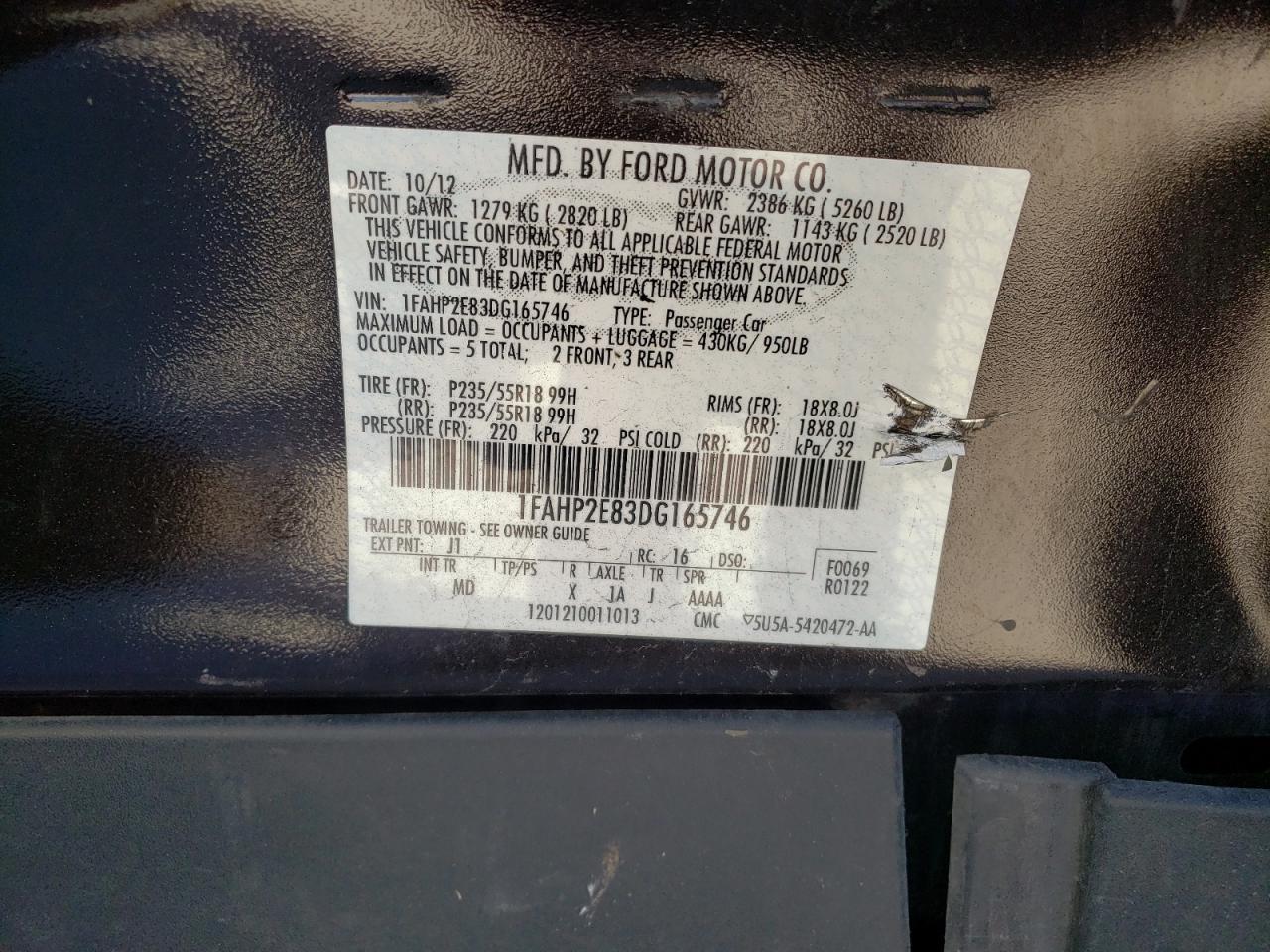 Photo 10 from auction – 2013 FORD TAURUS SEL with VIN 1FAHP2E83DG165746