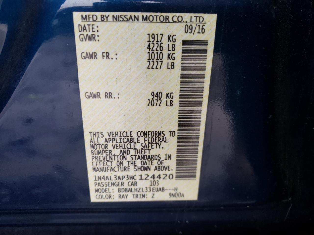 Photo 10 from auction – 2017 NISSAN ALTIMA 2.5 with VIN 1N4AL3AP3HC124420