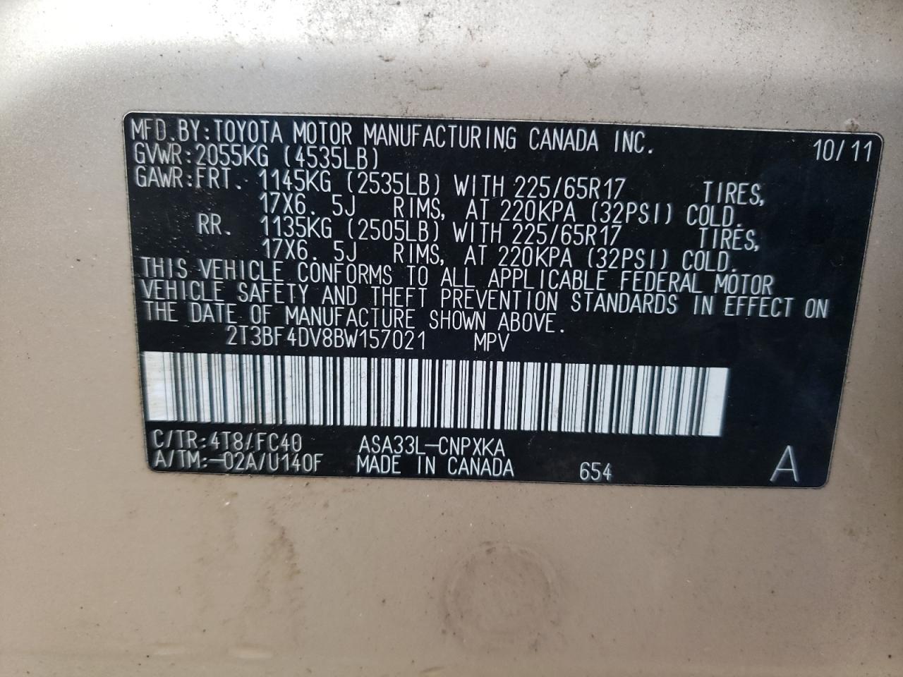 Photo 10 from auction – 2011 TOYOTA RAV4 with VIN 2T3BF4DV8BW157021