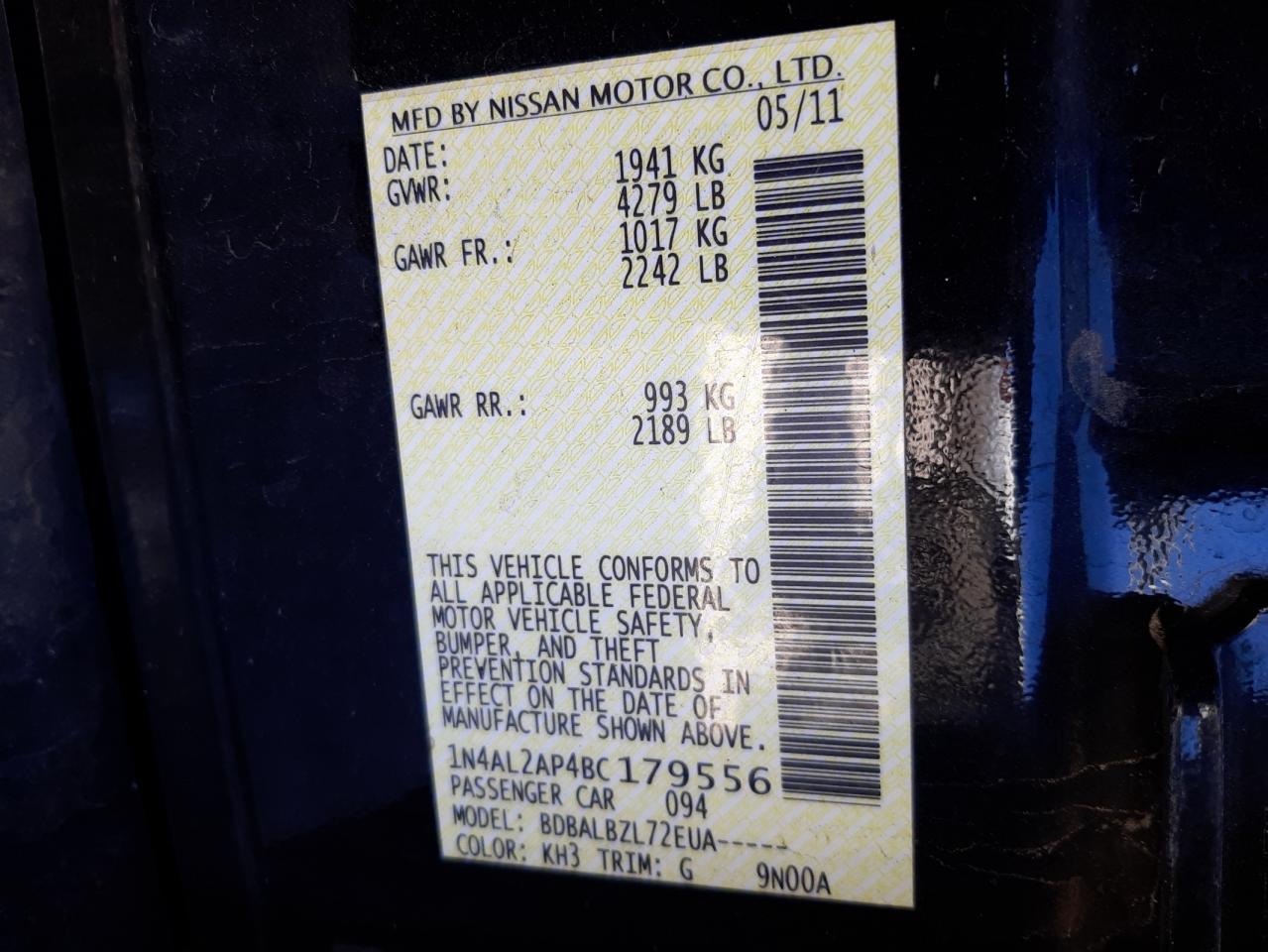 Photo 10 from auction – 2011 NISSAN ALTIMA BAS with VIN 1N4AL2AP4BC179556
