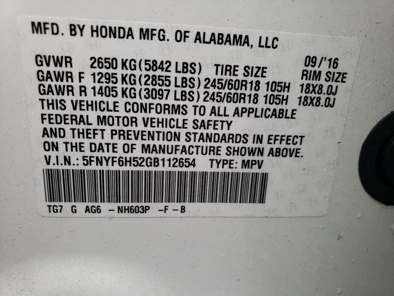 Photo 10 from auction – 2016 HONDA PILOT EXL with VIN 5FNYF6H52GB112654
