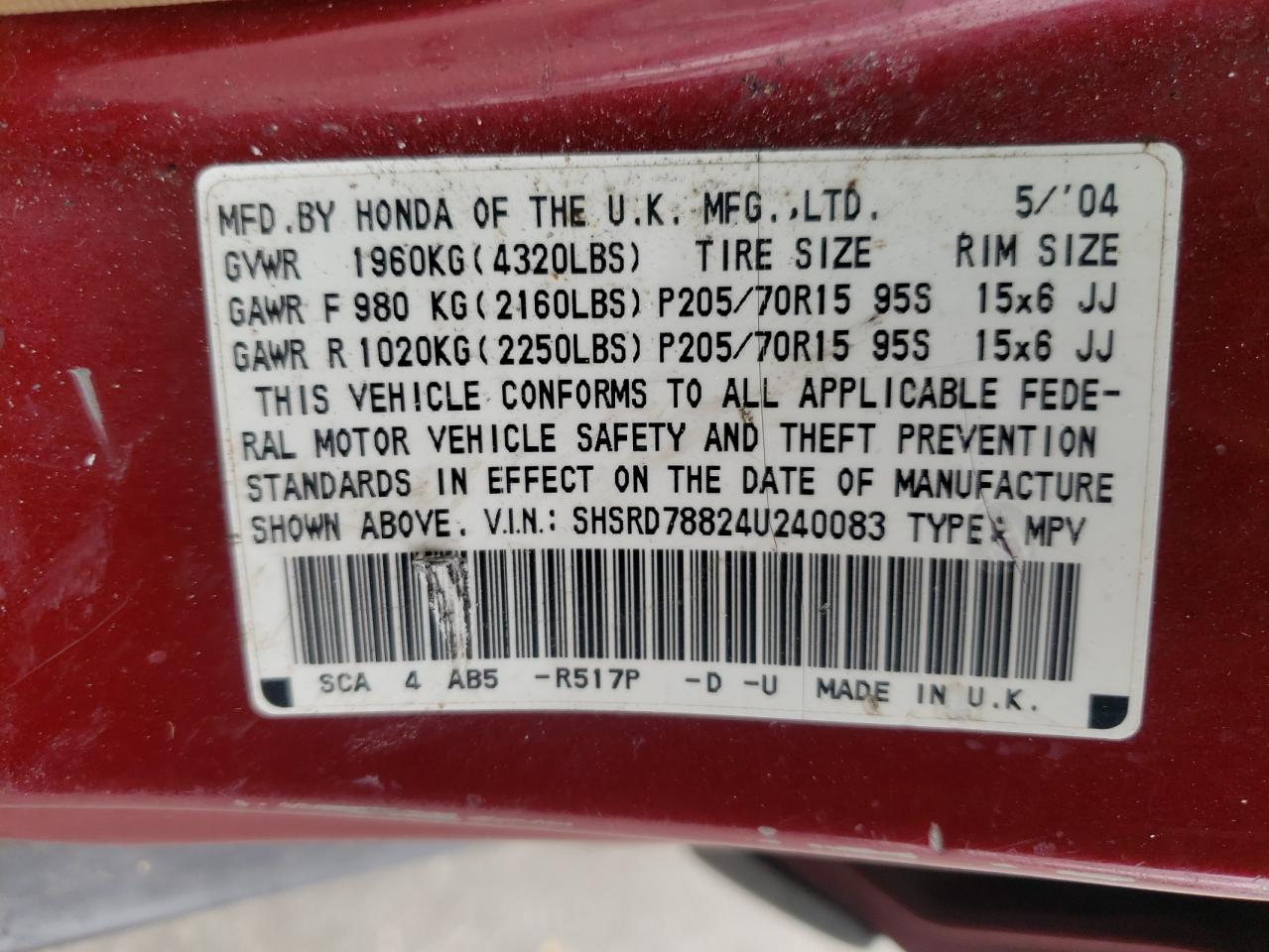 Photo 10 from auction – 2004 HONDA CR-V EX with VIN SHSRD78824U240083