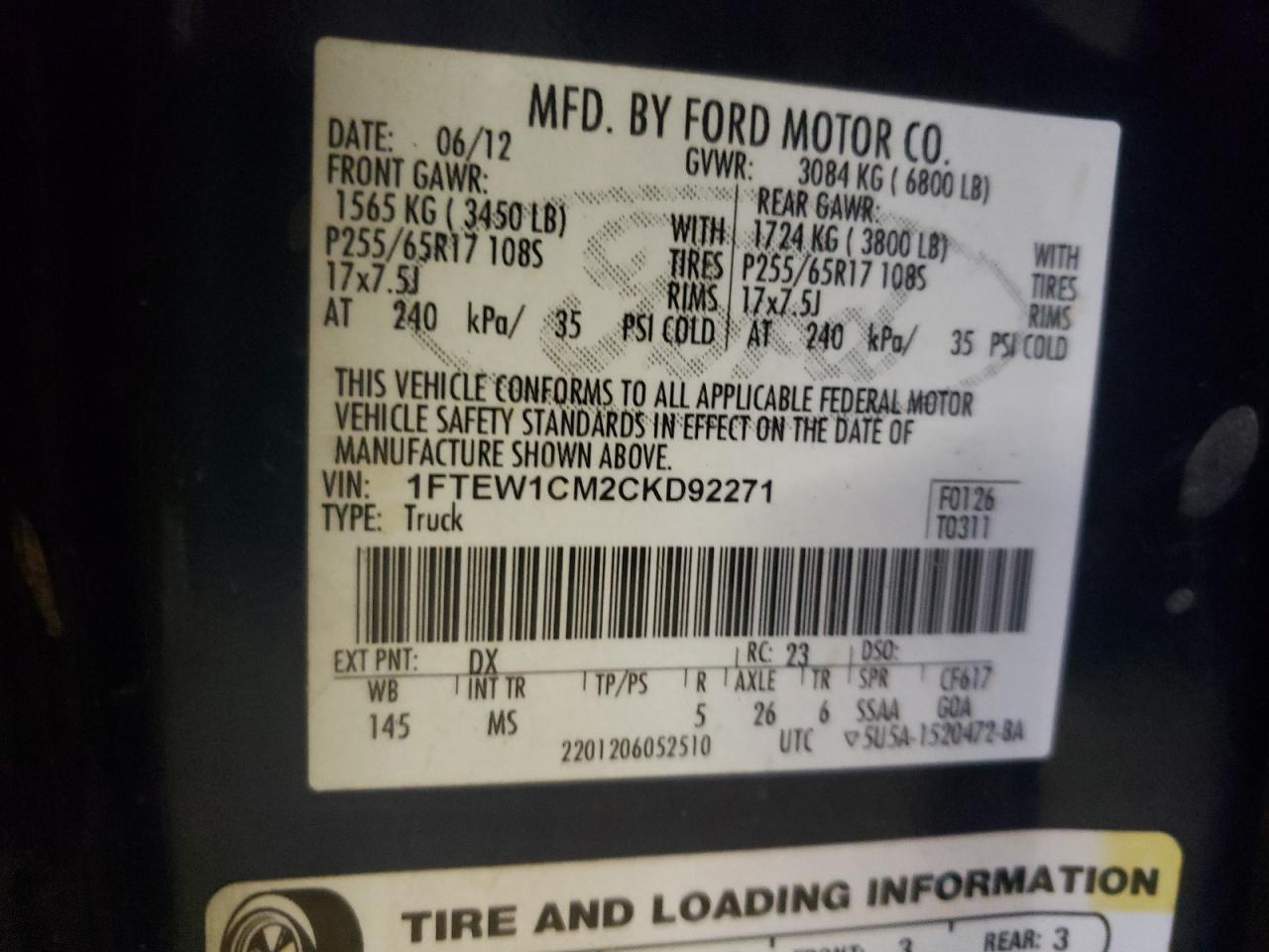 Photo 10 from auction – 2012 FORD F150 SUPER with VIN 1FTEW1CM2CKD92271