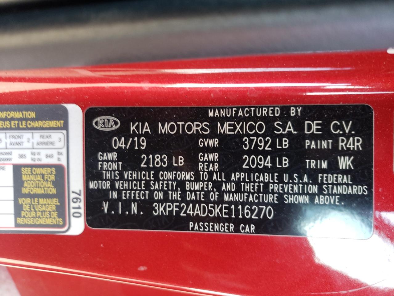 Photo 10 from auction – 2019 KIA FORTE FE with VIN 3KPF24AD5KE116270