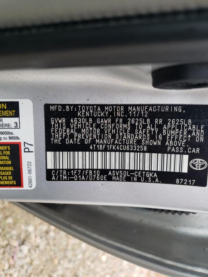Photo 10 from auction – 2012 TOYOTA CAMRY BASE with VIN 4T1BF1FK4CU633258