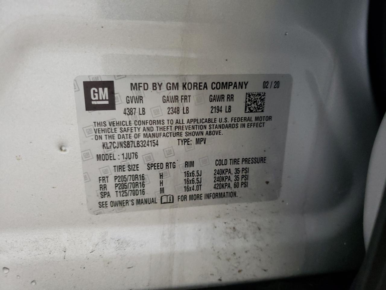 Photo 10 from auction – 2020 CHEVROLET TRAX LS with VIN KL7CJNSB7LB324154