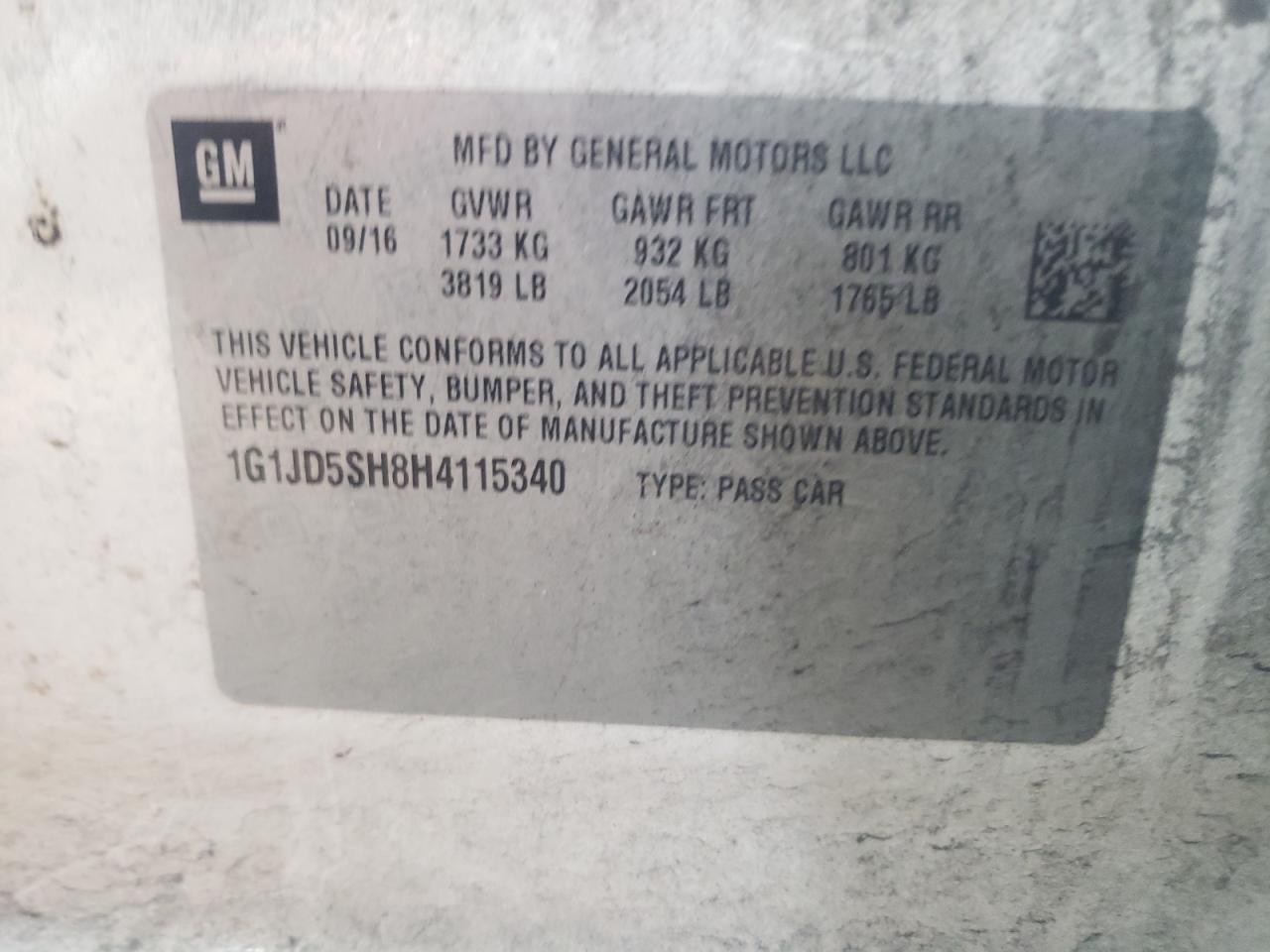Photo 10 from auction – 2017 CHEVROLET SONIC LT with VIN 1G1JD5SH8H4115340