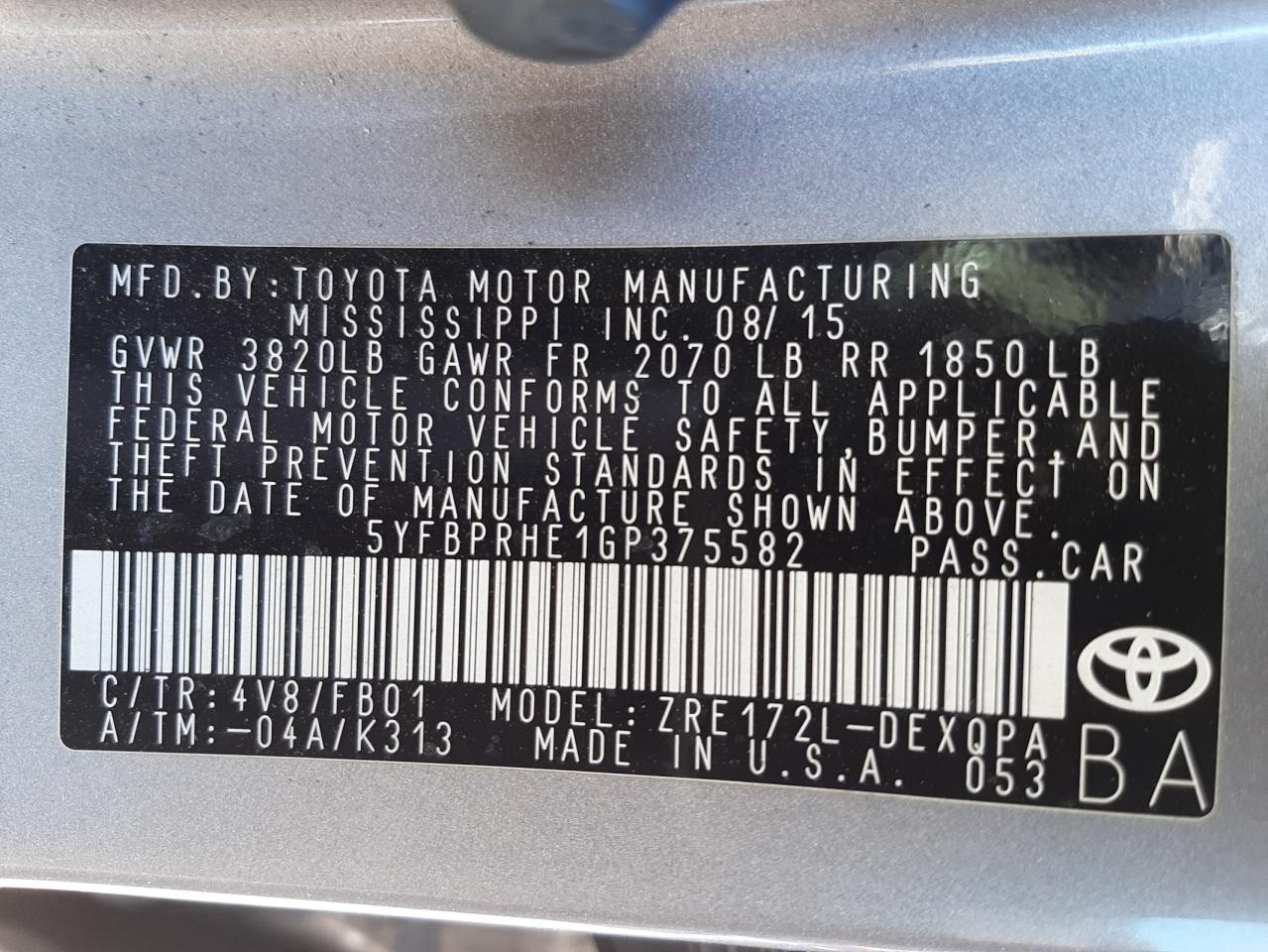 Photo 10 from auction – 2016 TOYOTA COROLLA EC with VIN 5YFBPRHE1GP375582