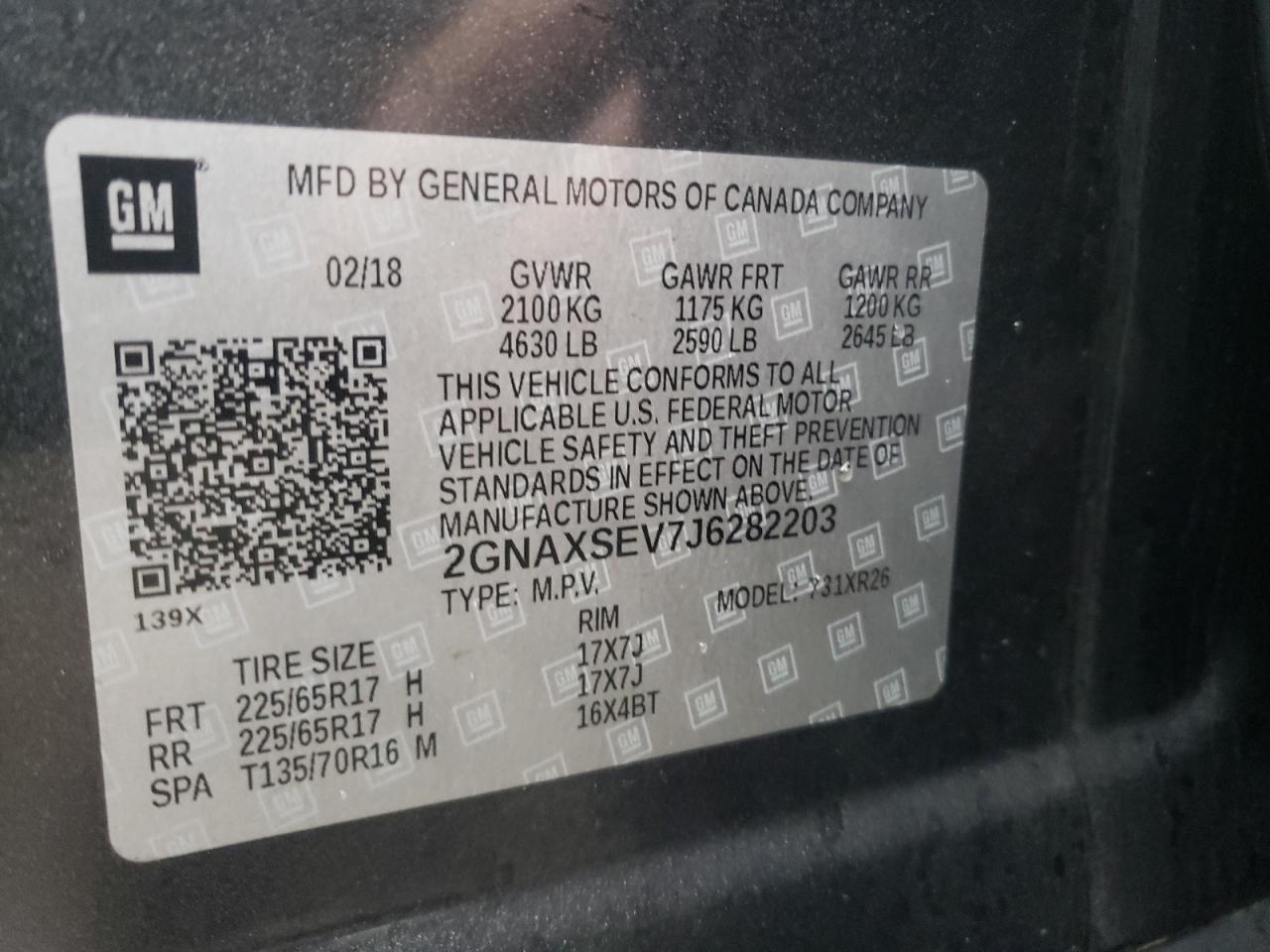 Photo 10 from auction – 2018 CHEVROLET EQUINOX LT with VIN 2GNAXSEV7J6282203