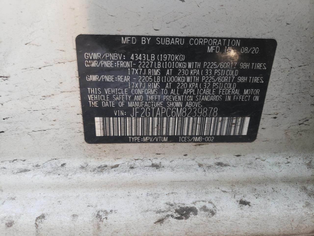 Photo 10 from auction – 2021 SUBARU CROSSTREK with VIN JF2GTAPC6M8239878
