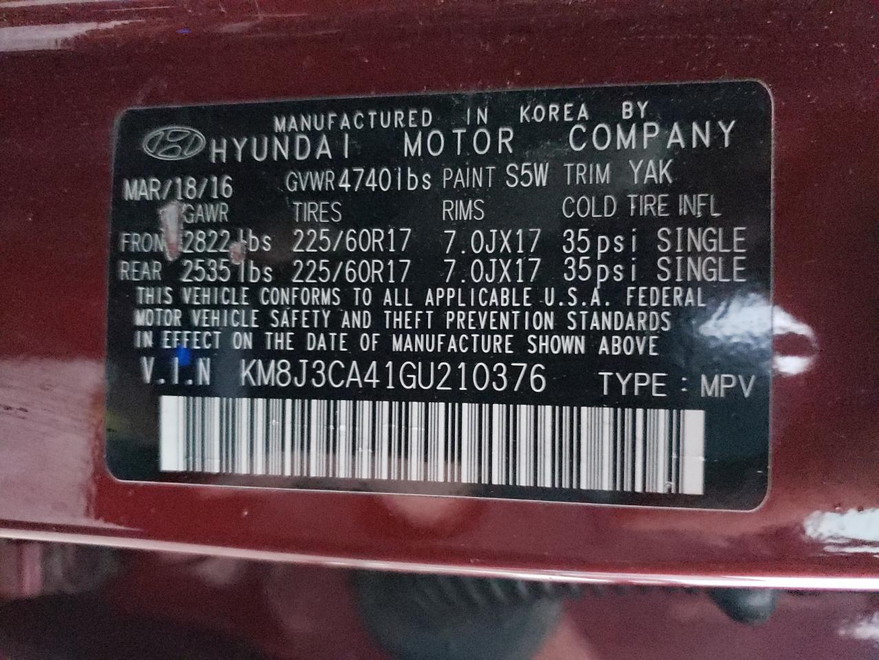 Photo 10 from auction – 2016 HYUNDAI TUCSON LIM with VIN KM8J3CA41GU210376