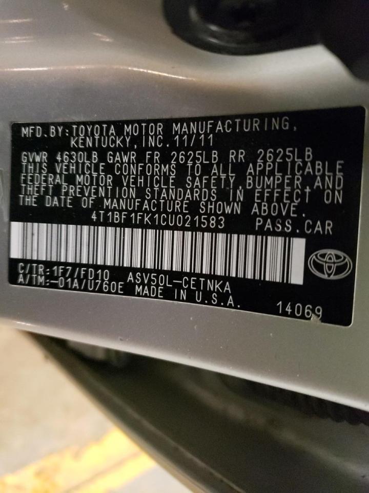Photo 10 from auction – 2012 TOYOTA CAMRY BASE with VIN 4T1BF1FK1CU021583