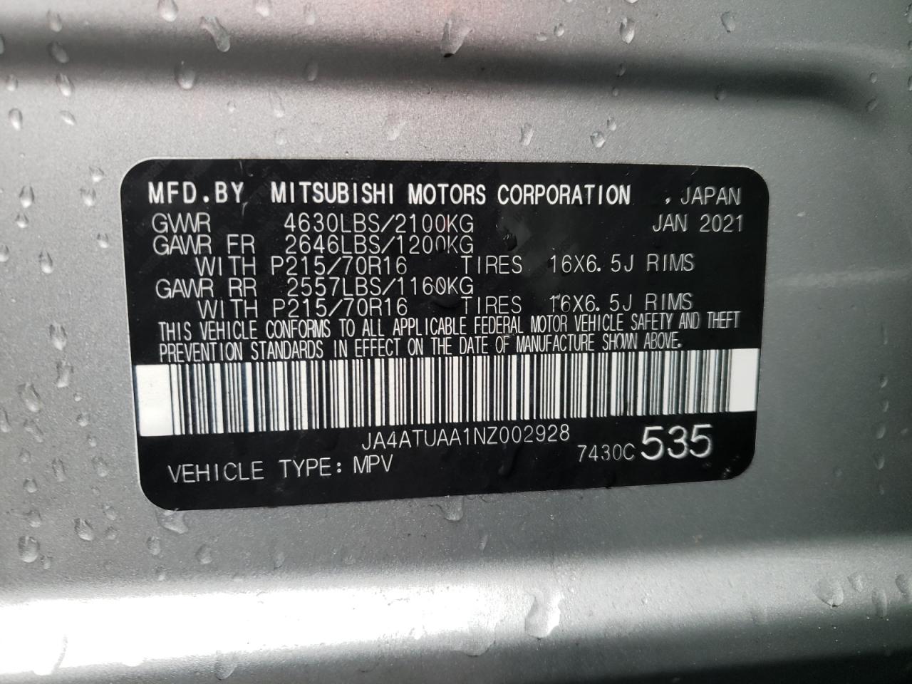 Photo 10 from auction – 2022 MITSUBISHI ECLIPSE CR with VIN JA4ATUAA1NZ002928