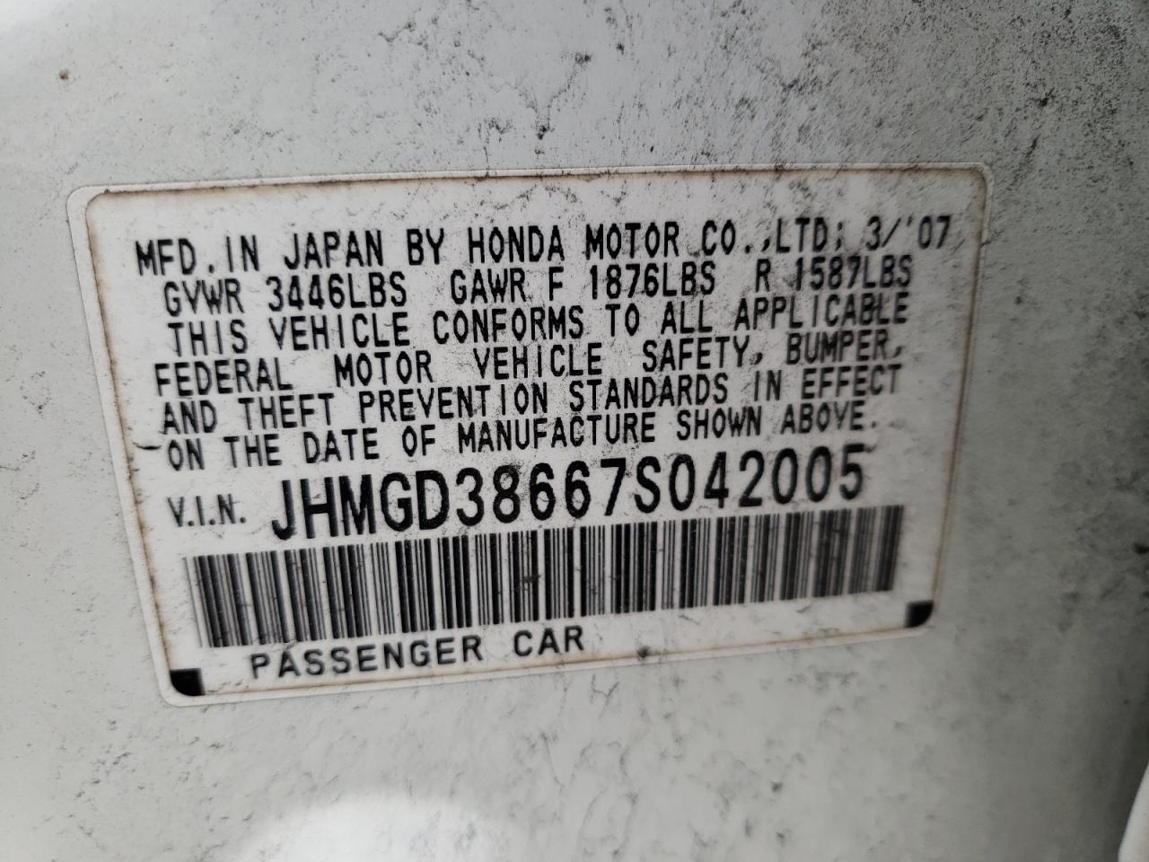 Photo 10 from auction – 2007 HONDA FIT S with VIN JHMGD38667S042005