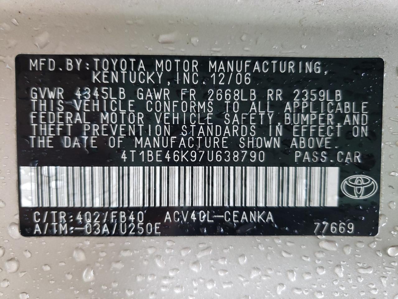 Photo 10 from auction – 2007 TOYOTA CAMRY with VIN 4T1BE46K97U638790
