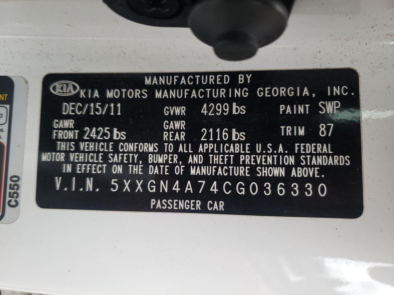 Photo 10 from auction – 2012 KIA OPTIMA EX with VIN 5XXGN4A74CG036330