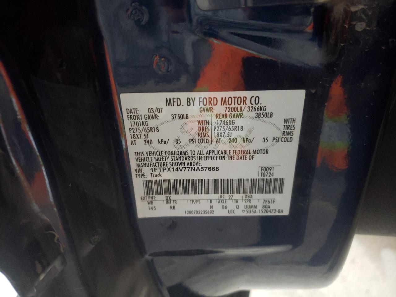 Photo 10 from auction – 2007 FORD F150 with VIN 1FTPX14V77NA57668