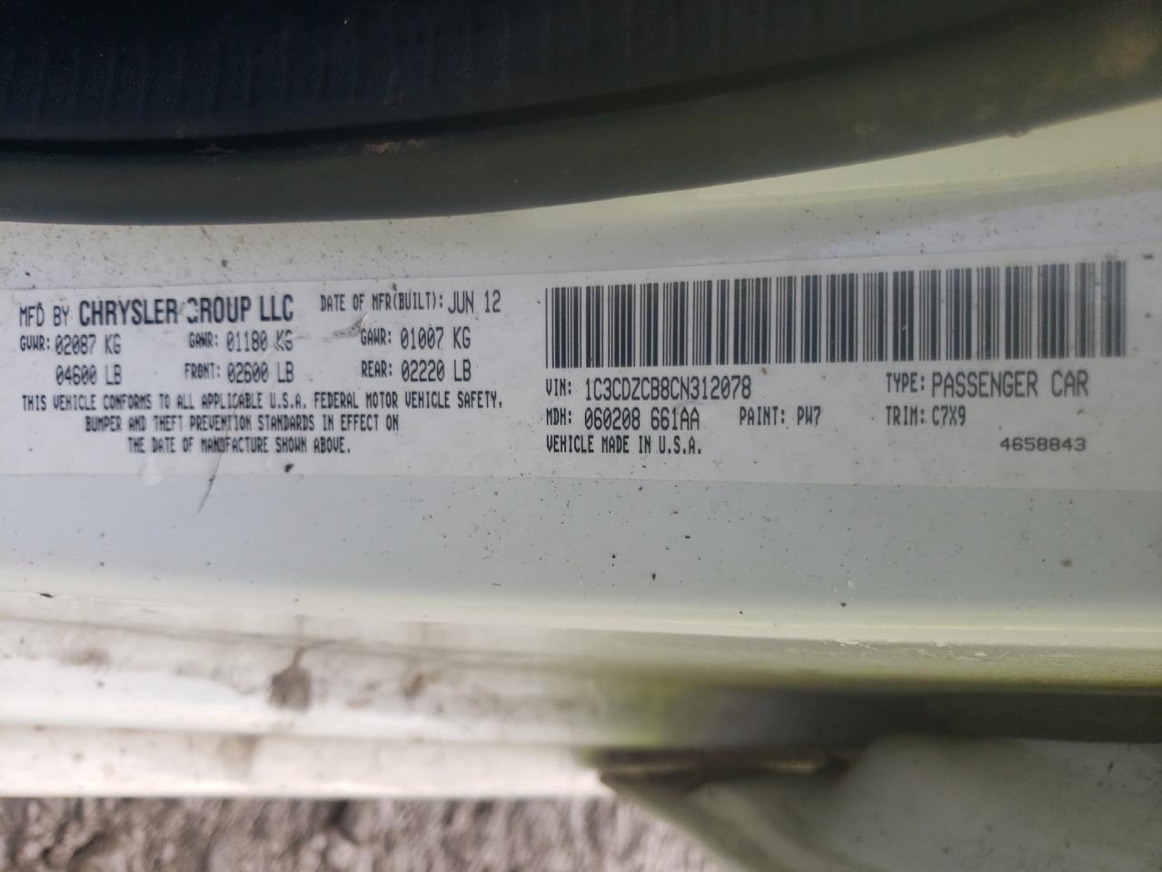 Photo 10 from auction – 2012 DODGE AVENGER SX with VIN 1C3CDZCB8CN312078