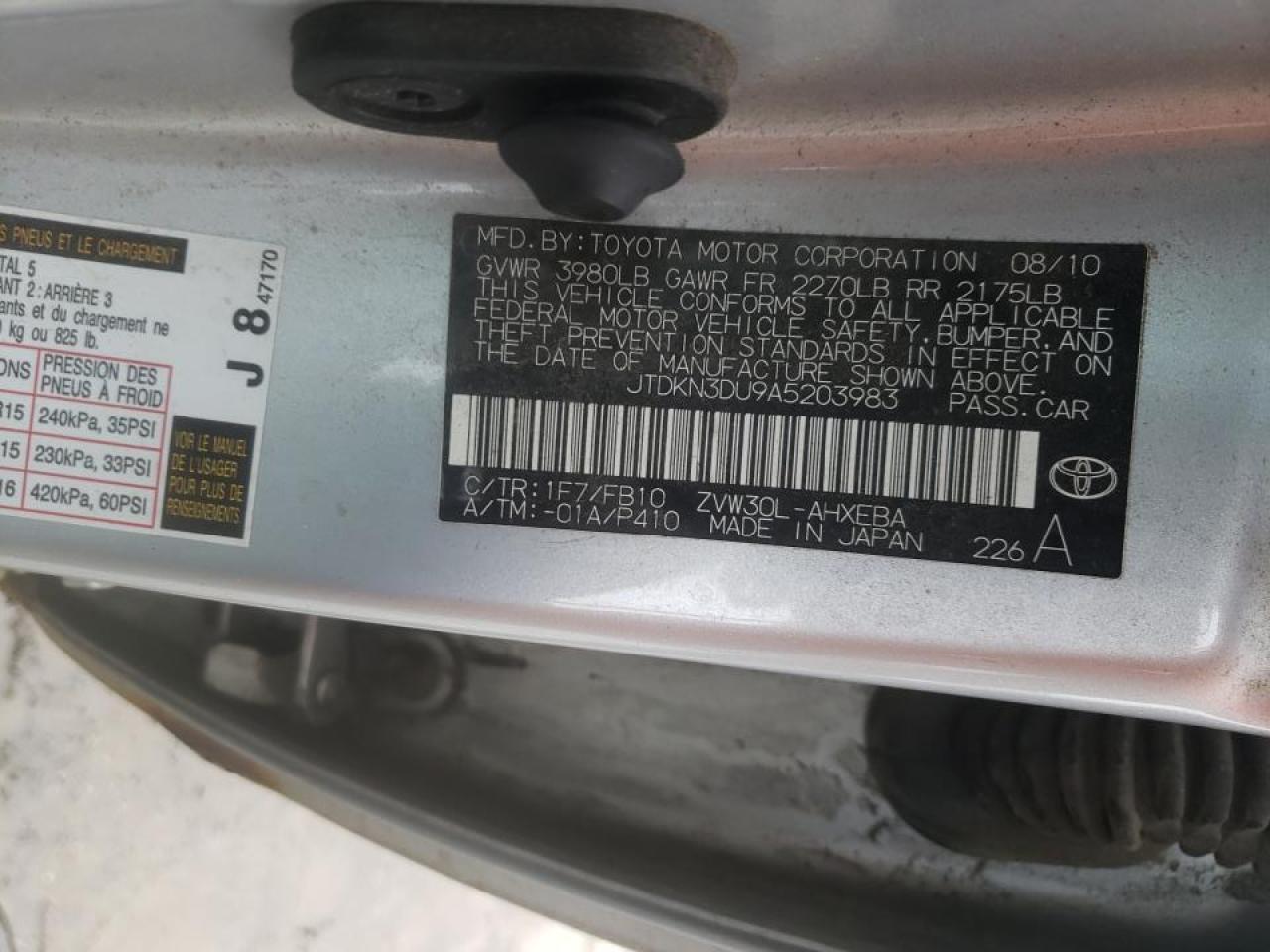 Photo 10 from auction – 2010 TOYOTA PRIUS with VIN JTDKN3DU9A5203983