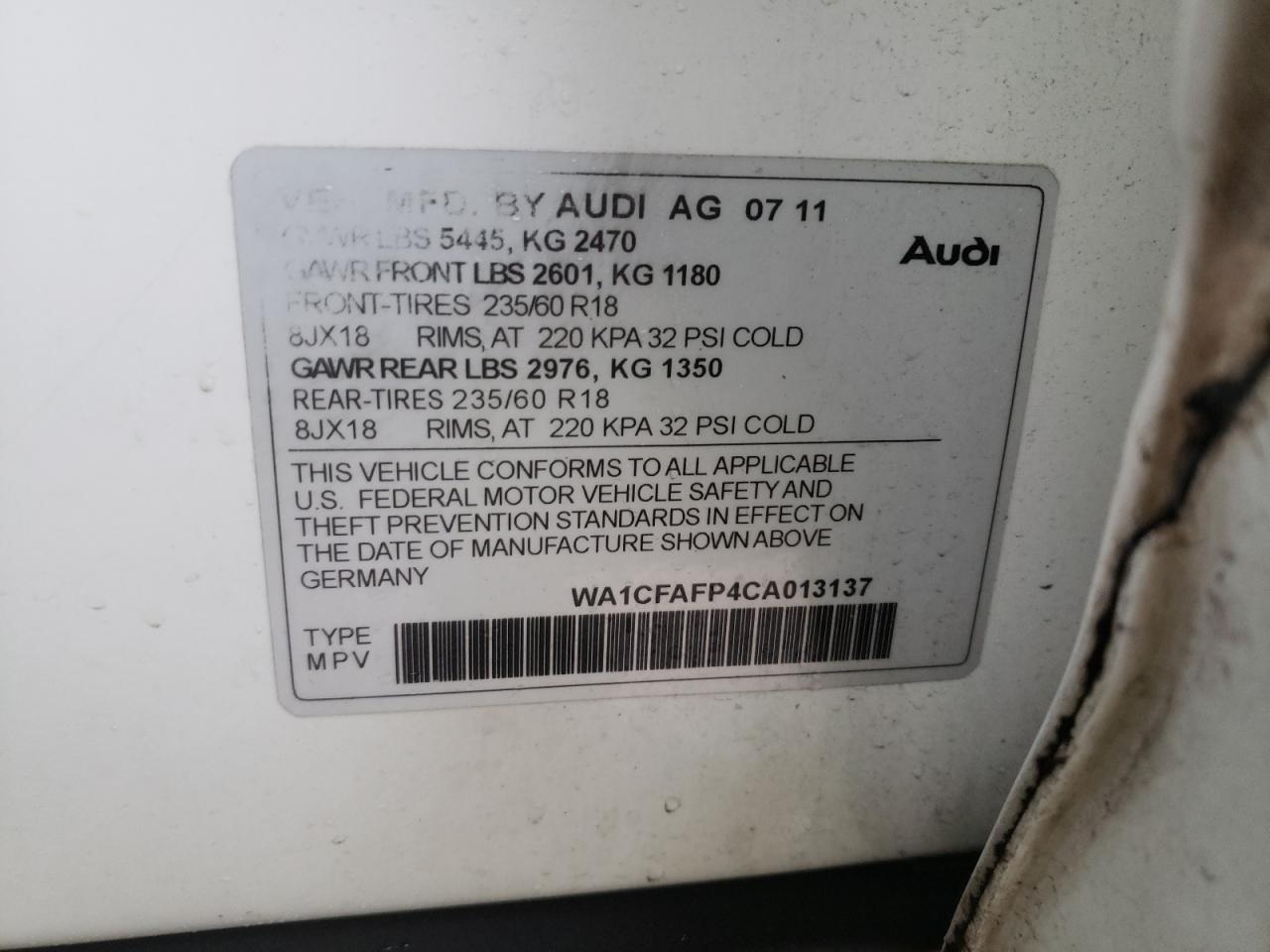 Photo 10 from auction – 2012 AUDI Q5 PREMIUM with VIN WA1CFAFP4CA013137