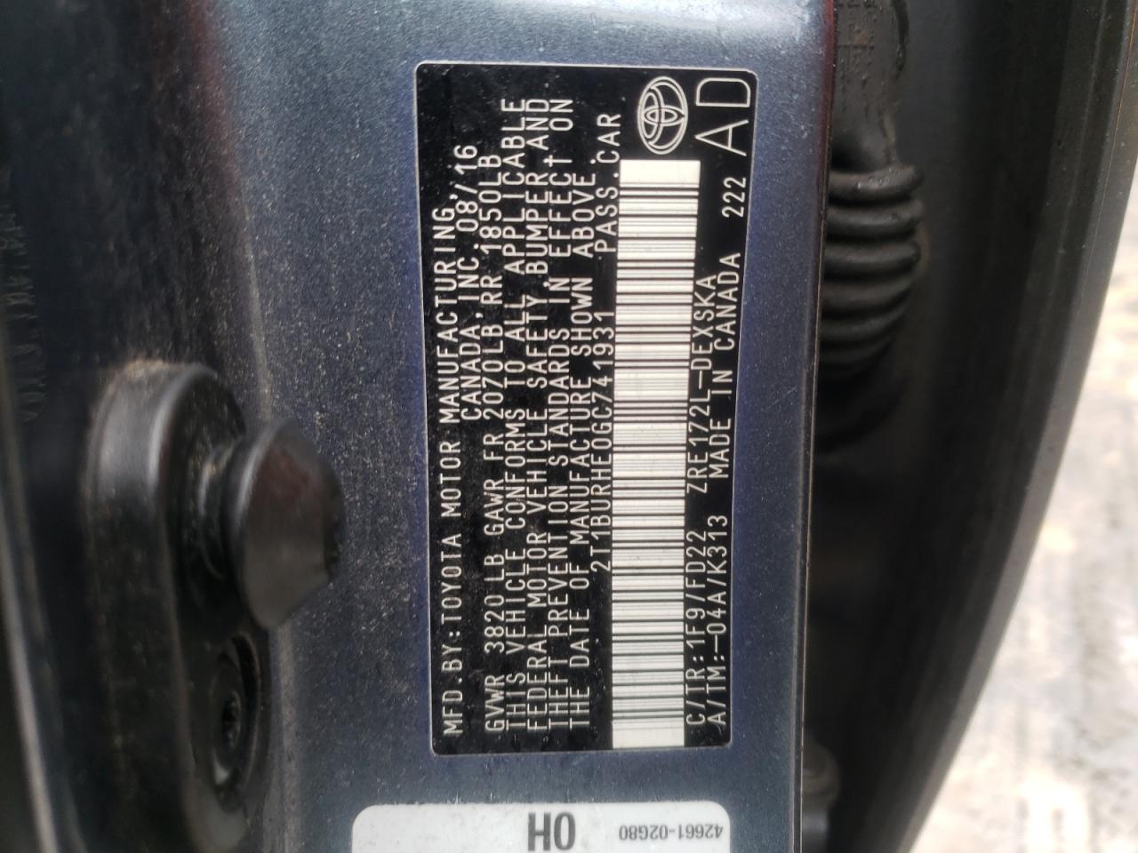 Foto 10 de la subasta – 2016 TOYOTA COROLLA con VIN 2T1BURHE0GC741931