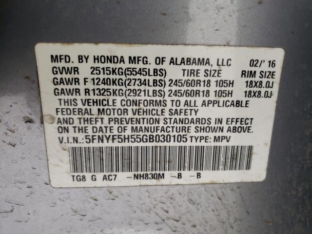 Photo 10 from auction – 2016 HONDA PILOT EXL with VIN 5FNYF5H55GB030105