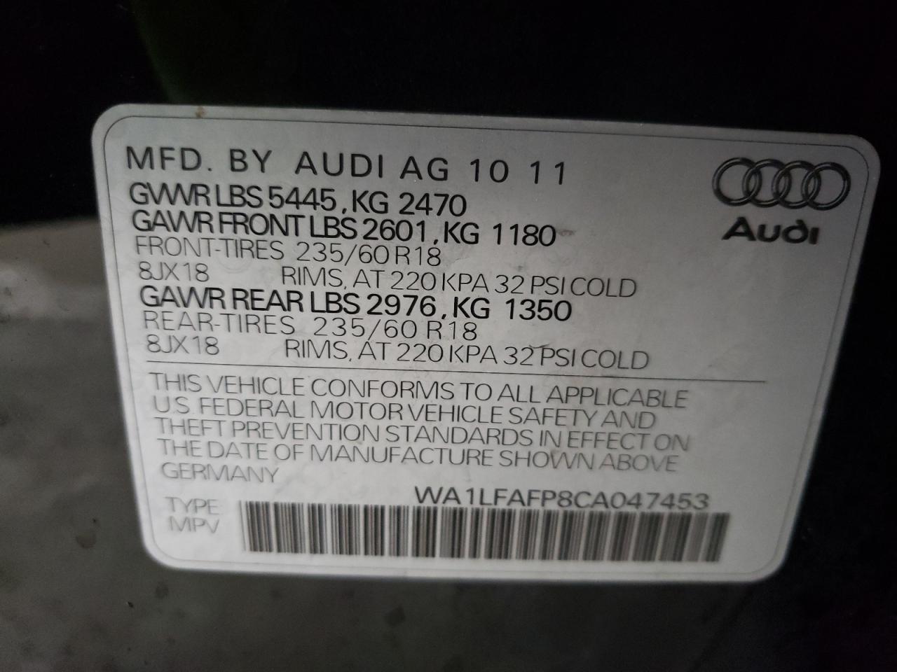 Photo 10 from auction – 2012 AUDI Q5 PREMIUM with VIN WA1LFAFP8CA047453