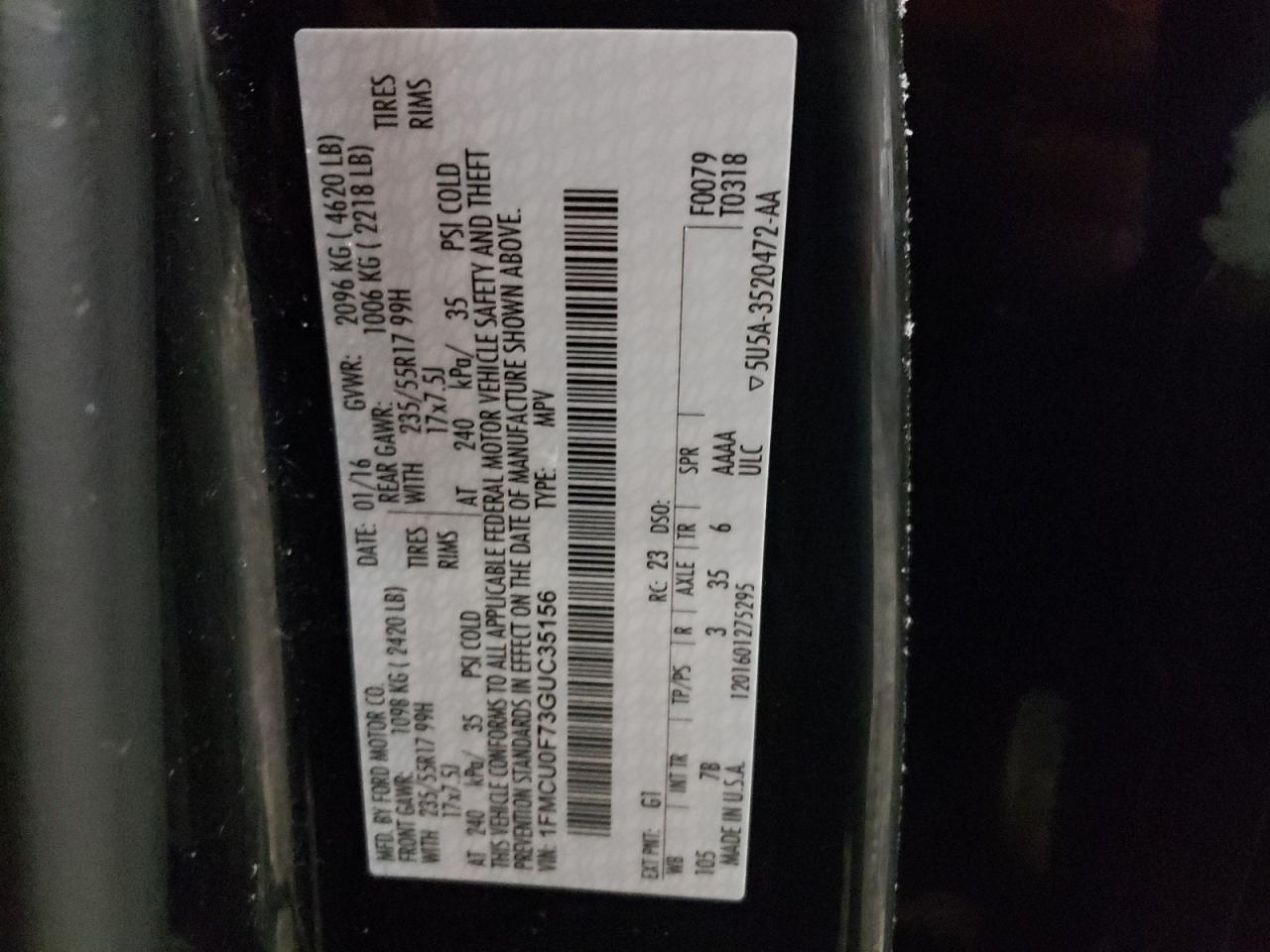 Photo 10 from auction – 2016 FORD ESCAPE S with VIN 1FMCU0F73GUC35156