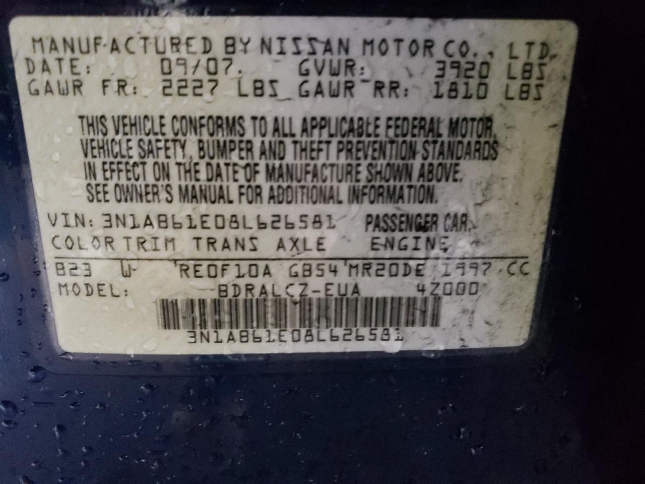 Photo 10 from auction – 2008 NISSAN SENTRA 2.0 with VIN 3N1AB61E08L626581